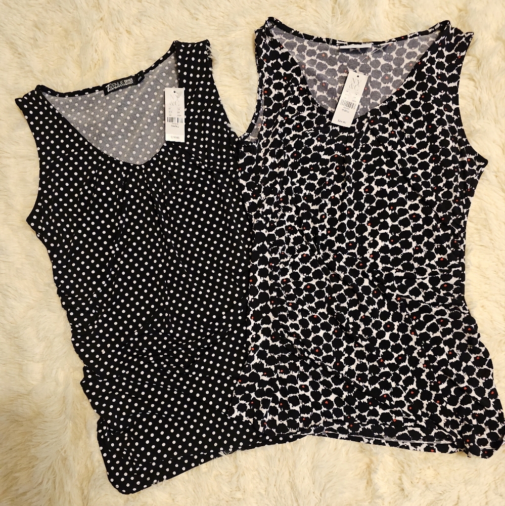 NY&C 7th Ave Dressy Ruched Tank Top Shirt Polka Dot NWT Black Bundle of 2 Sz S